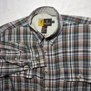 Browning Mens Plaid Button Down Shirt L Green Brown Long Sleeve Buckmark Logo
